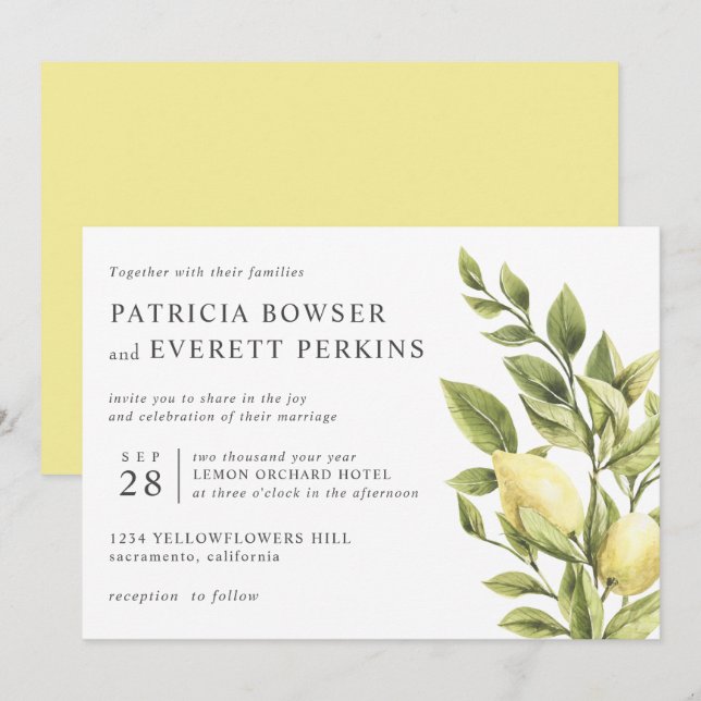Lemons and leaves watercolor botanical wedding invitation (Front/Back)