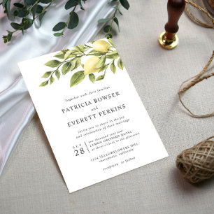 Lemons and leaves watercolor chic wedding invitation