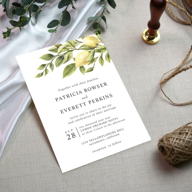 Lemons and leaves watercolor chic wedding invitation (Creator Uploaded)