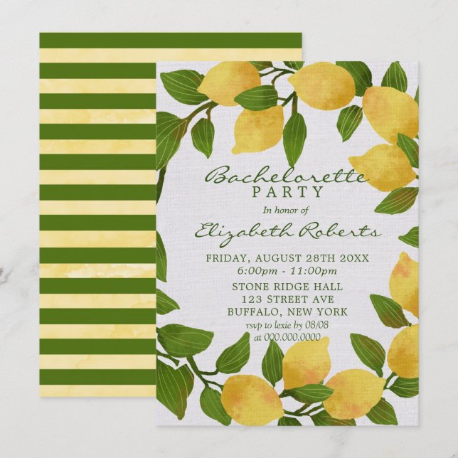 Lemons and Linen Watercolor Bachelorette Party  In Invitation (Front/Back)