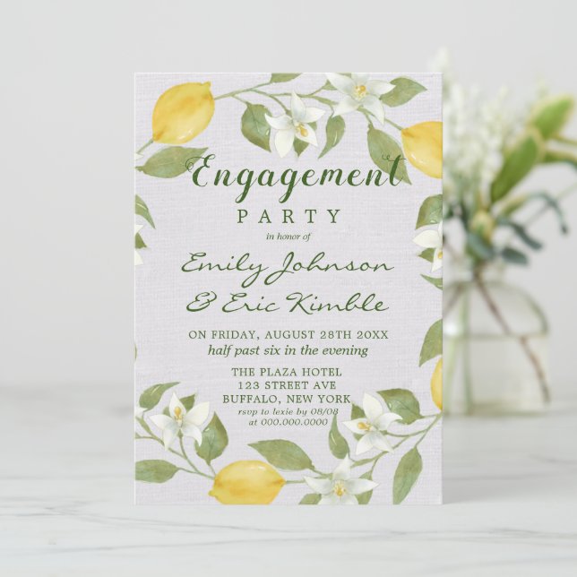 Lemons and Linen Watercolor Engagement Party Invitation (Standing Front)