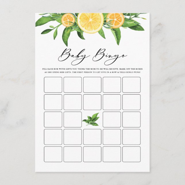 Lemons and Oranges Garland Baby Shower Bingo Game Enclosure Card (Front)