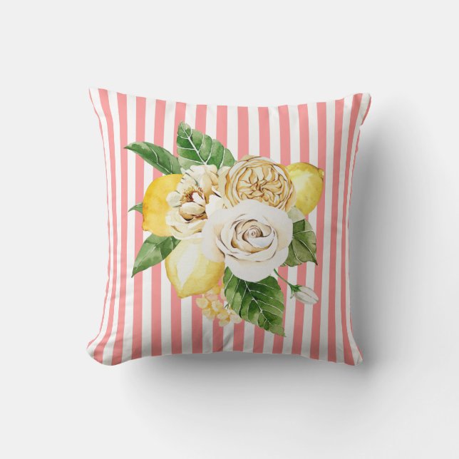 Lemons and roses on coral stripes throw pillow (Front)