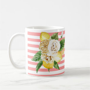 Lemons and roses on pink stripes coffee mug
