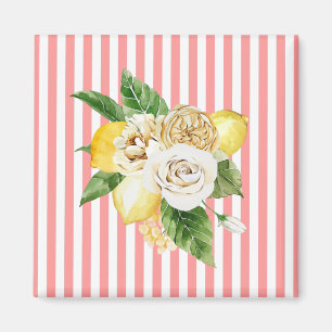 Lemons and roses on pink stripes magnet