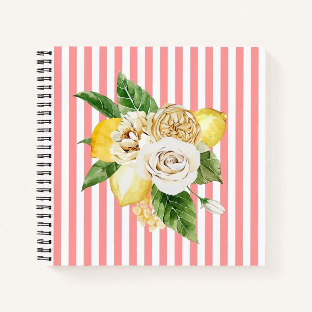 Lemons and roses on pink stripes notebook (Front)