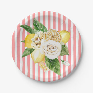 Lemons and roses on pink stripes paper plate