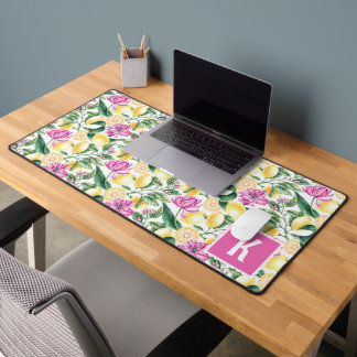 Lemons and Tulips Floral Pattern | Citrus Monogram Desk Mat