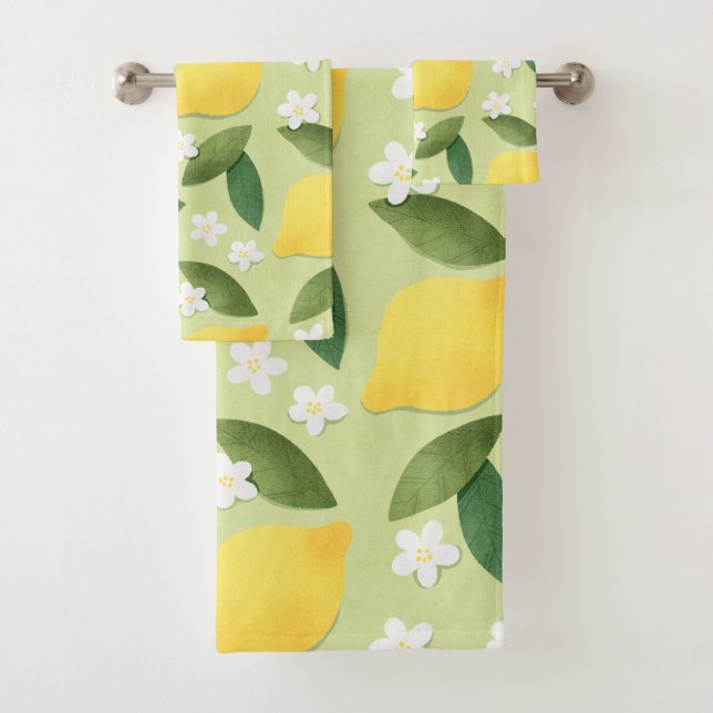Lemons ans White Flowers on Green Background Bath Towel Set (Insitu)