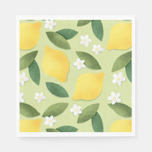 Lemons ans White Flowers on Green Background Napkin