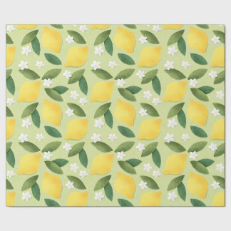 Lemons ans White Flowers on Green Background Wrapping Paper