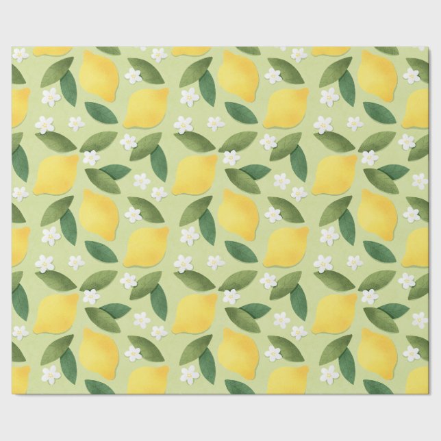 Lemons ans White Flowers on Green Background Wrapping Paper (Seam)