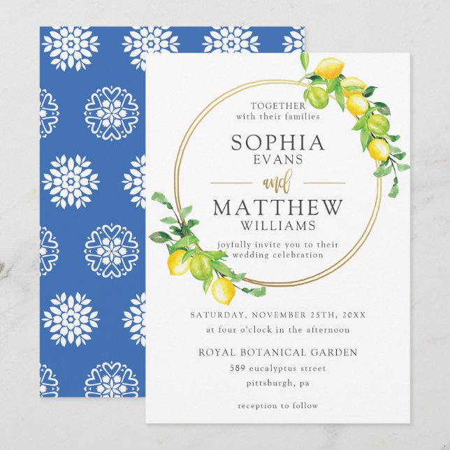 Lemons Azure Summer Greenery Gold Frame Wedding Invitation (Front/Back)