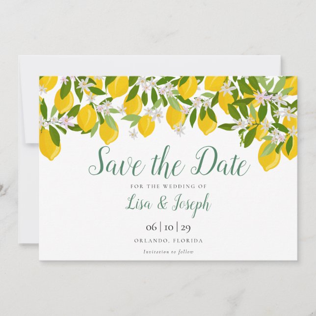 Lemons Blossom Elegant Script Save The Date (Front)