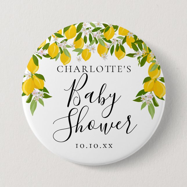 Lemons Blossom Greenery Baby Shower 3 Inch Round Button (Front)