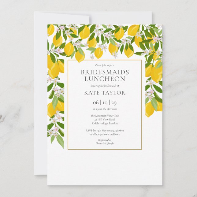 Lemons Blossom Greenery Bridesmaids Luncheon Invitation (Front)