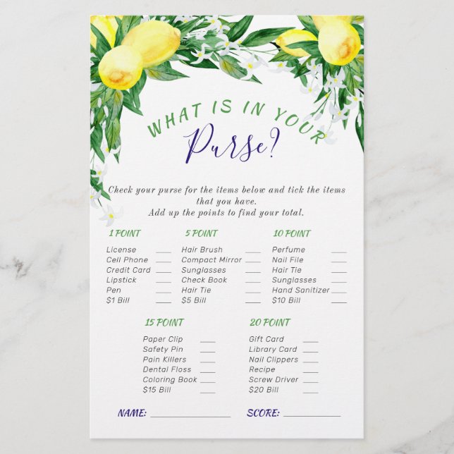 Lemons Blossom Greenery Chic Bridal Shower Game (Front)