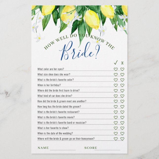 Lemons Blossom Greenery Chic Bridal Shower Game (Front)