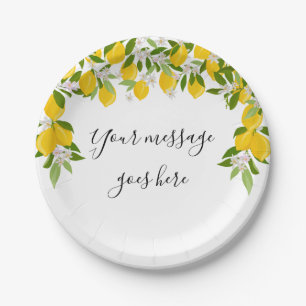 Lemons Blossom Greenery Elegant Script Message Paper Plate
