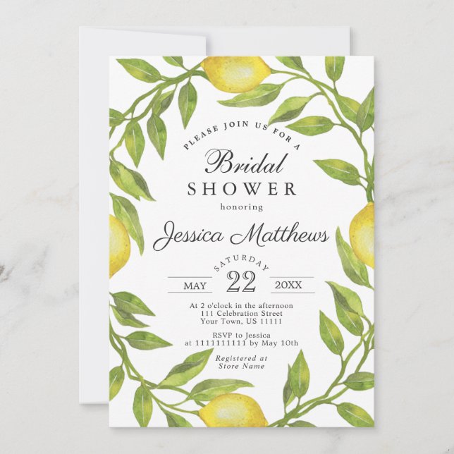 Lemons Blossom Greenery Watercolor Bridal Shower Invitation (Front)