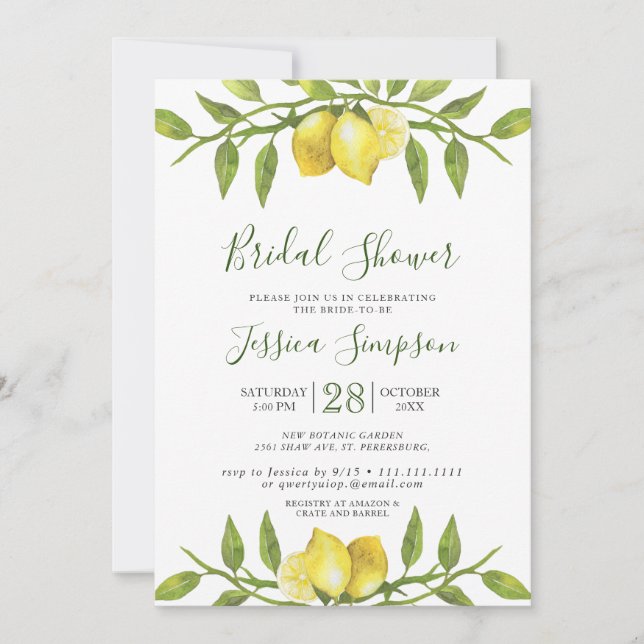 Lemons Blossom Greenery  Watercolor Bridal Shower Invitation (Front)