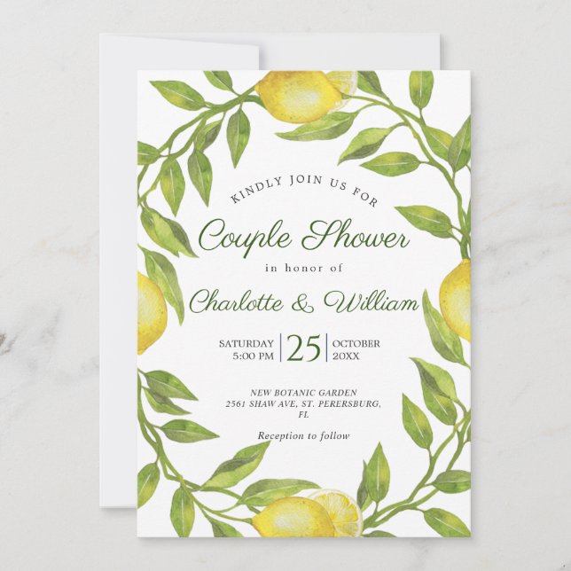 Lemons Blossom Greenery Watercolor Couple Shower Invitation (Front)