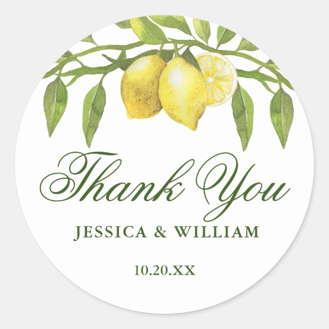 Lemons Blossom Greenery Watercolor Wedding Classic Round Sticker (Front)