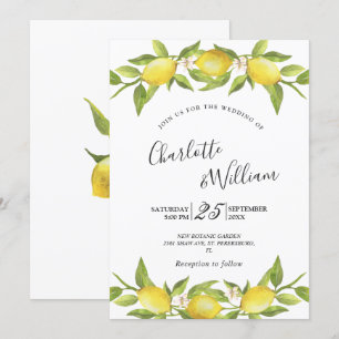 Lemons Blossom Greenery Watercolor Wedding Invitation