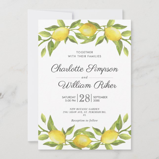 Lemons Blossom Greenery Watercolor Wedding Invitation (Front)
