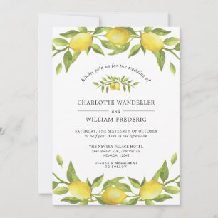 Lemons Blossom Greenery Watercolor Wedding Invitation