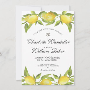 Lemons Blossom Greenery Watercolor Wedding Invitation