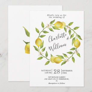 Lemons Blossom Greenery  Watercolor Wedding Invitation