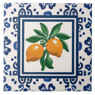 Lemons Blue and White Tribal Folk Art Pattern Tile