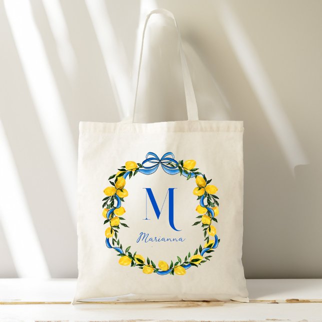 Lemons blue bow personalized bridesmaids gifts tote bag (Lemons blue bow ribbon personalized bridesmaids gifts monogrammed tote bag)