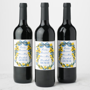 Lemons blue bow ribbon bridal shower monogrammed wine label