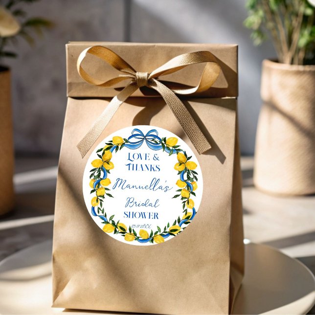 Lemons blue bow ribbon Italian bridal shower favou Classic Round Sticker (Lemons blue bow ribbon coquette Italian bridal shower favors personalized Stickers template)