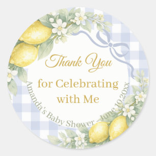Lemons blue boy gingham Thank You Baby Shower Classic Round Sticker