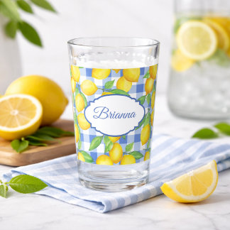 Lemons & Blue Gingham Personalized Glass