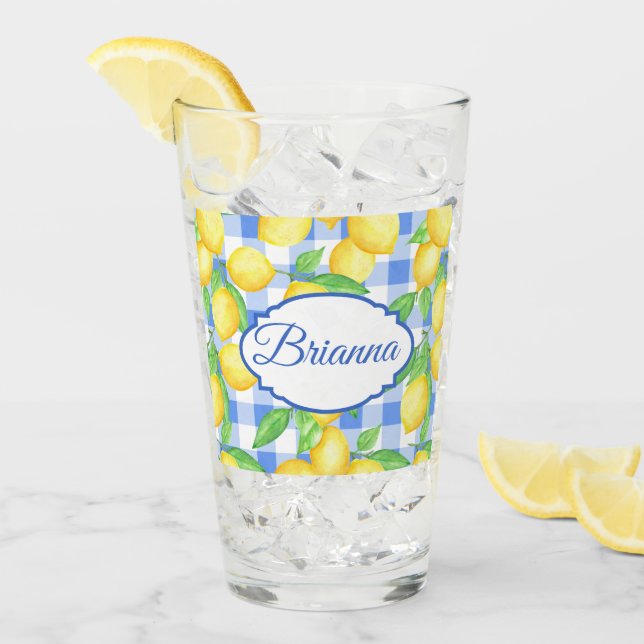 Lemons & Blue Gingham Personalized Glass (Front Ice)