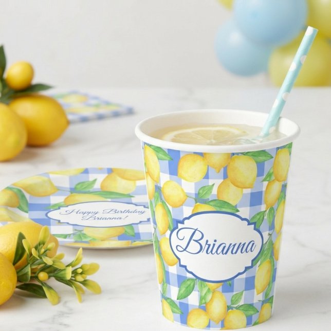 Lemons & Blue Gingham Personalized Glass Paper Cups (Creator Uploaded)