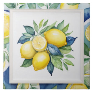 Lemons Blue Green Yellow White Watercolor Tile