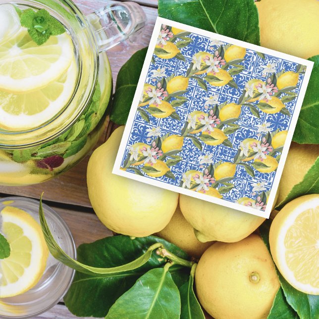 Lemons & Blue Mediterranean Tile Wedding Shower Napkin (Creator Uploaded)