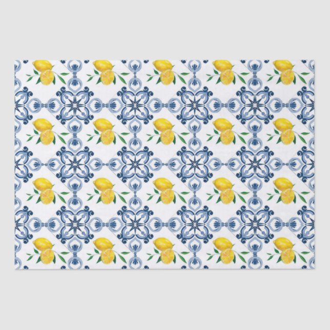 Lemons & Blue Moroccan Tile Pattern Tissue Paper (Front)