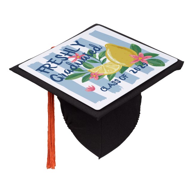 Lemons Blue Stripes Freshly Graduated Class Of Graduation Cap Topper (Angled)