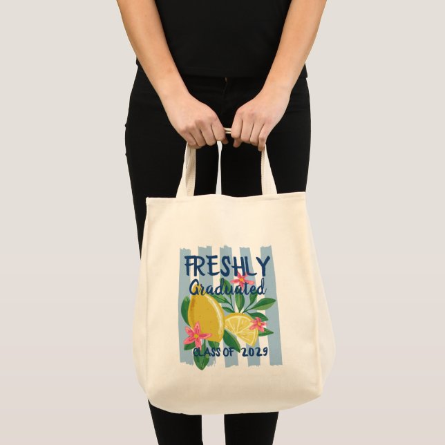 Lemons Blue Stripes Freshly Graduated Tote Bag (Front (Product))