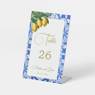 Lemons Blue Tile Elegant Simple Wedding Pedestal Sign