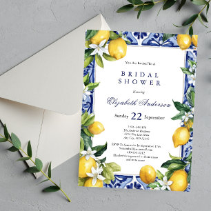 Lemons Blue White Mediterranean Tile Bridal Shower Invitation