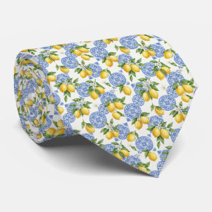 Lemons Blue White Tile Mediterranean Wedding Groom Tie