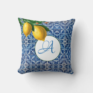 Lemons Blue White Tile Summer Monogram Throw Pillow