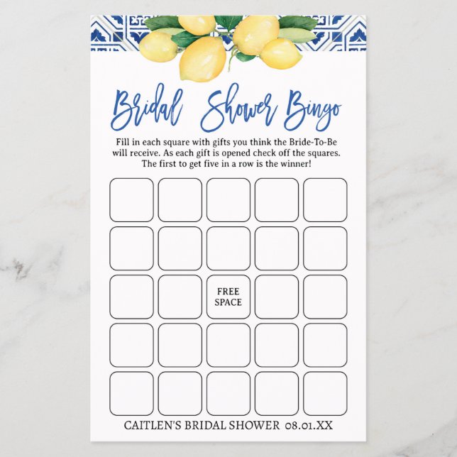 Lemons Bridal Shower Bingo Mediterranean Blue Flyer (Front)